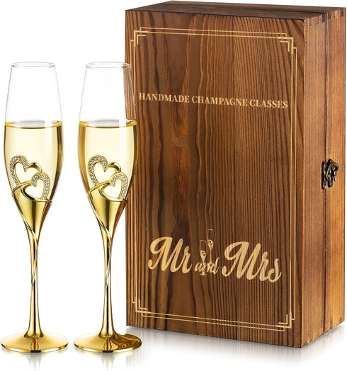 Crystal Champagne Flutes with Set of 2  Champagne Glasses with Wooden Gift Box